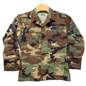 US Air Force Woodland Camo BDU Combat Jacket Medium Long Ripstop Patches 2002
